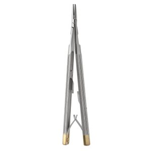 Castroviejo Needle Holder 5 1/2″ straight with lock and spring, tungsten carbide serrated, round handle
